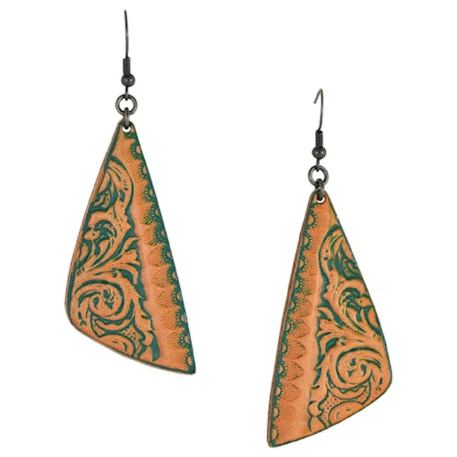 GENUINE TOOLED LEATHER TAN & TURQUOISE TRIANGLE EARRINGS