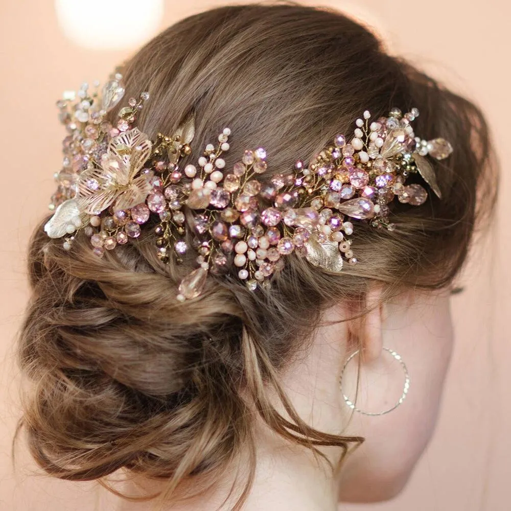 Gleaming Rhinestone Leaf Ornaments Tiara