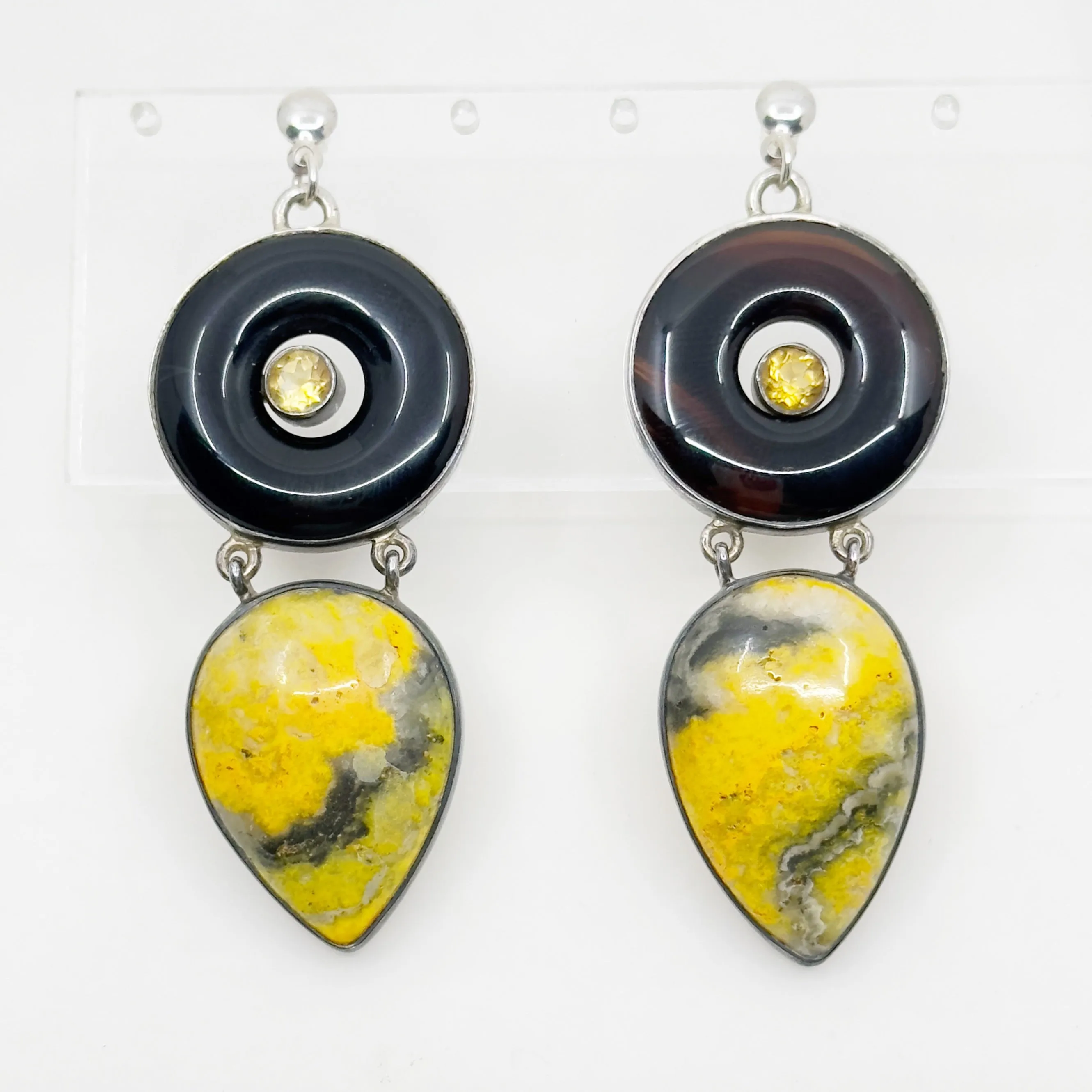 Hand Made sterling silver onyx agate & citrine drop earrings