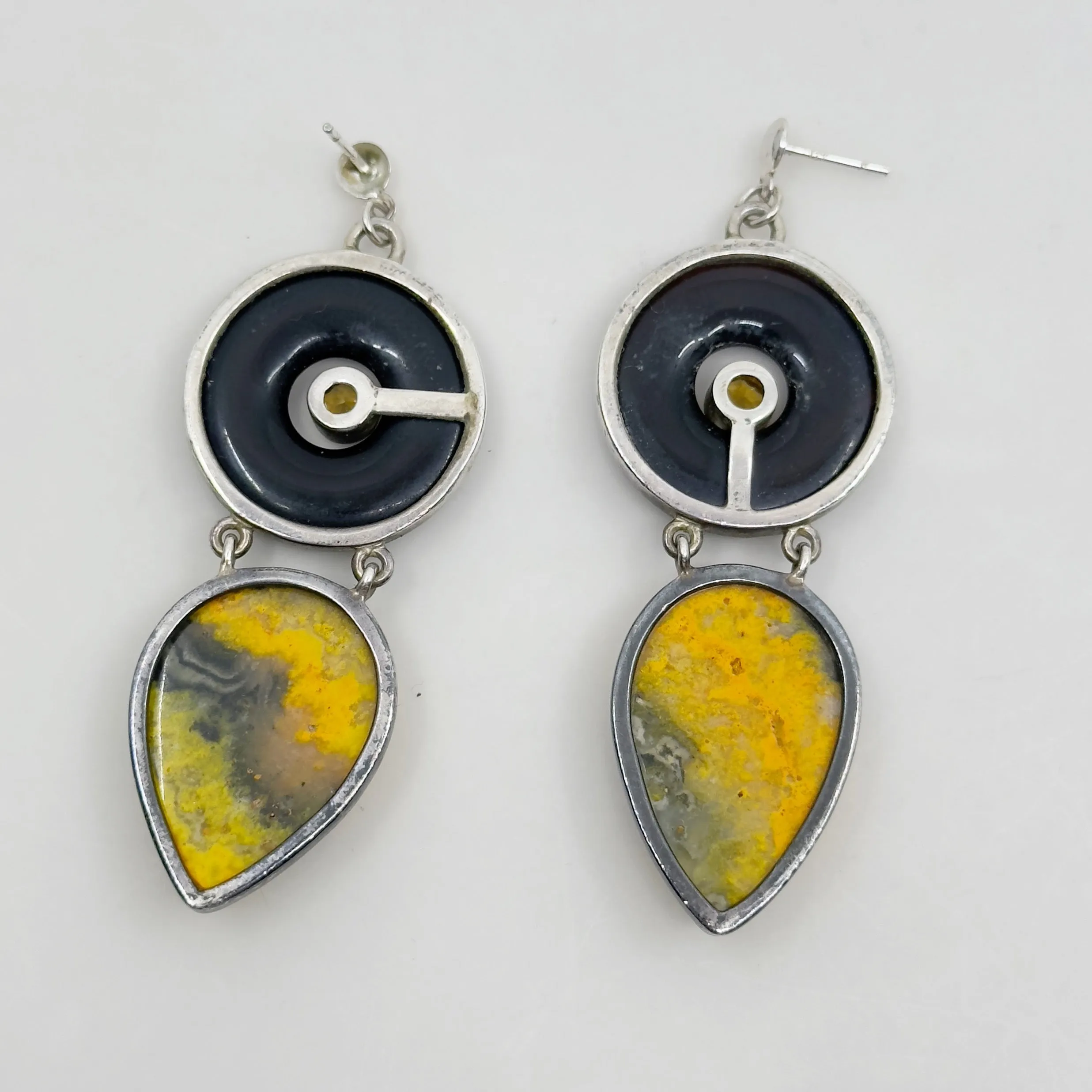 Hand Made sterling silver onyx agate & citrine drop earrings