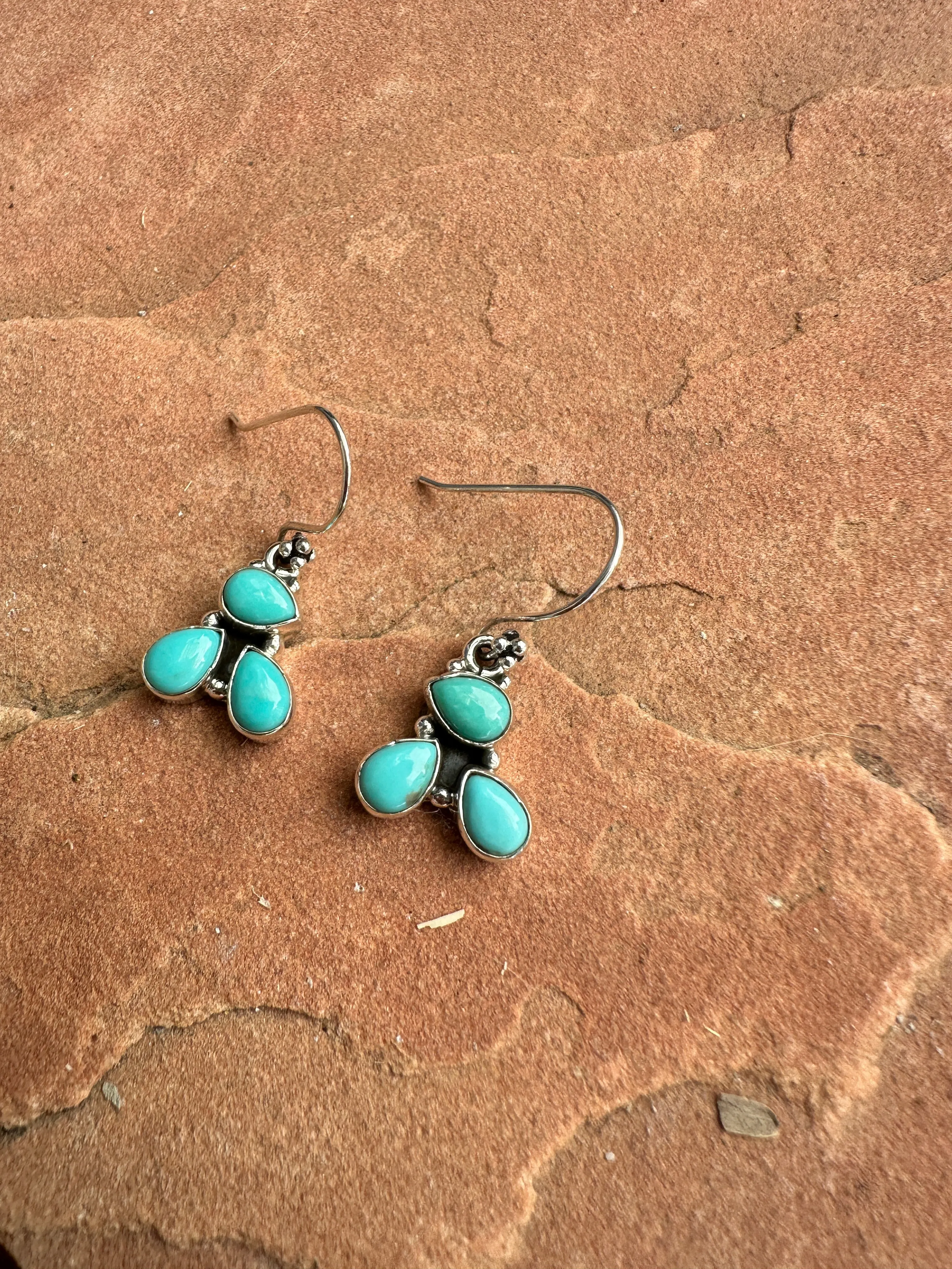 Handmade 3 Stone Natural Turquoise and Sterling Silver Dangles