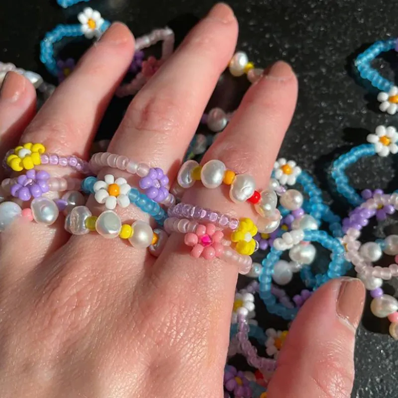 Handmade Colorful Beaded Rhinestone Acrylic Rings