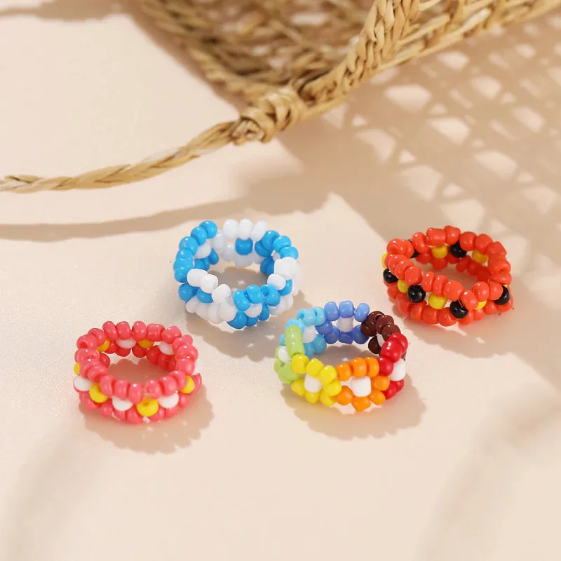 Handmade Colorful Beaded Rhinestone Acrylic Rings