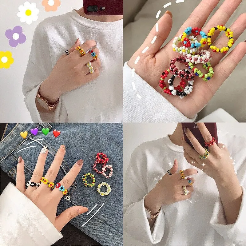 Handmade Colorful Beaded Rhinestone Acrylic Rings