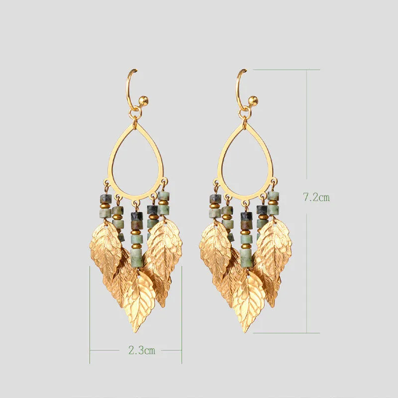 Handmade Natural Vintage Style Gold Leaf Tassel Earrings with African Turquoise