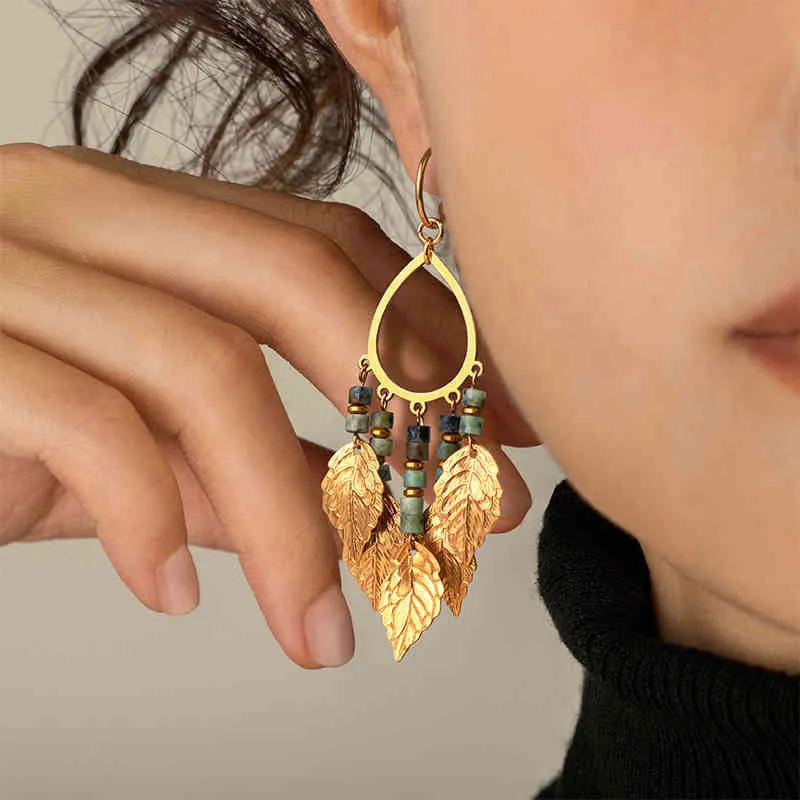 Handmade Natural Vintage Style Gold Leaf Tassel Earrings with African Turquoise