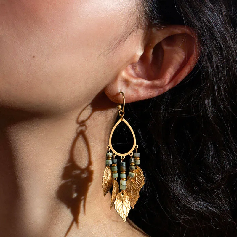 Handmade Natural Vintage Style Gold Leaf Tassel Earrings with African Turquoise