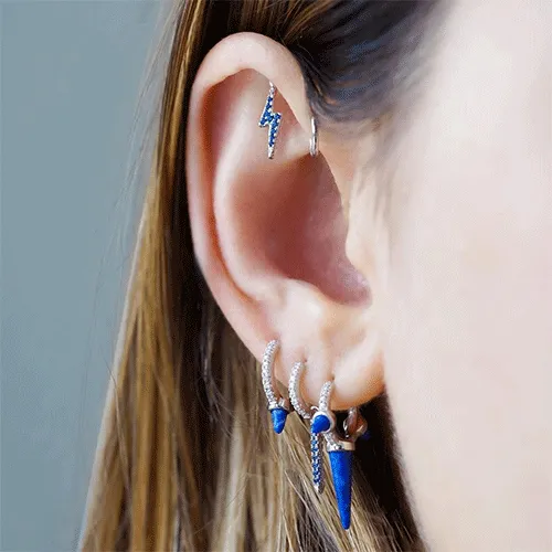 Lapis Single Short Spike Diamond Eternity Hoop Earring by Maria Tash in 18K Yellow Gold