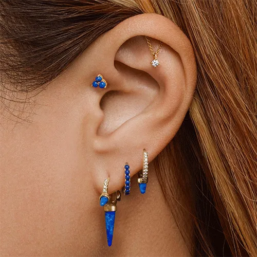 Lapis Single Short Spike Diamond Eternity Hoop Earring by Maria Tash in 18K Yellow Gold