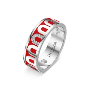 L’Arc de DAVIDOR Ring MM, 18k White Gold with Fraise Lacquered Ceramic and Porta Simple Diamonds