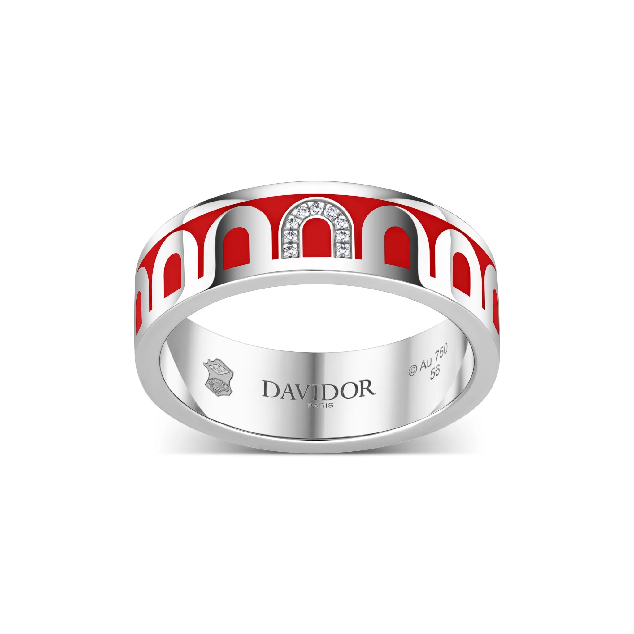 L’Arc de DAVIDOR Ring MM, 18k White Gold with Fraise Lacquered Ceramic and Porta Simple Diamonds