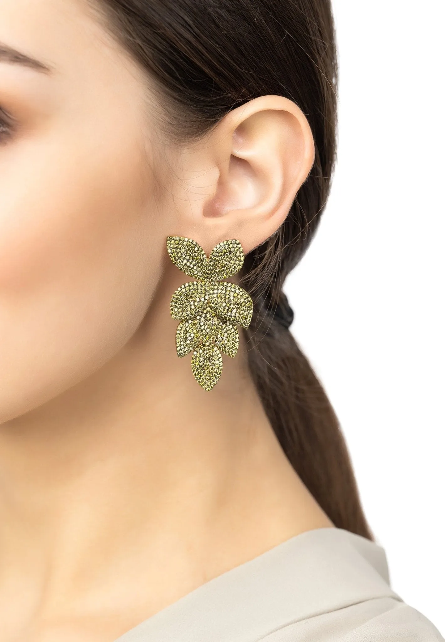 Latelita London Petal Cascading Flower Earrings Gold Peridot Cz