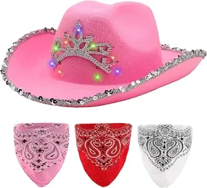 LED Pink Cowboy Hat with 3 Bandanas for Cosplay