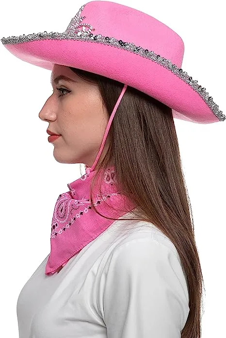 LED Pink Cowboy Hat with 3 Bandanas for Cosplay