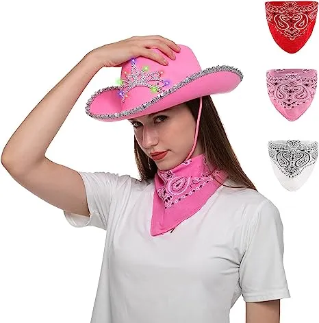 LED Pink Cowboy Hat with 3 Bandanas for Cosplay