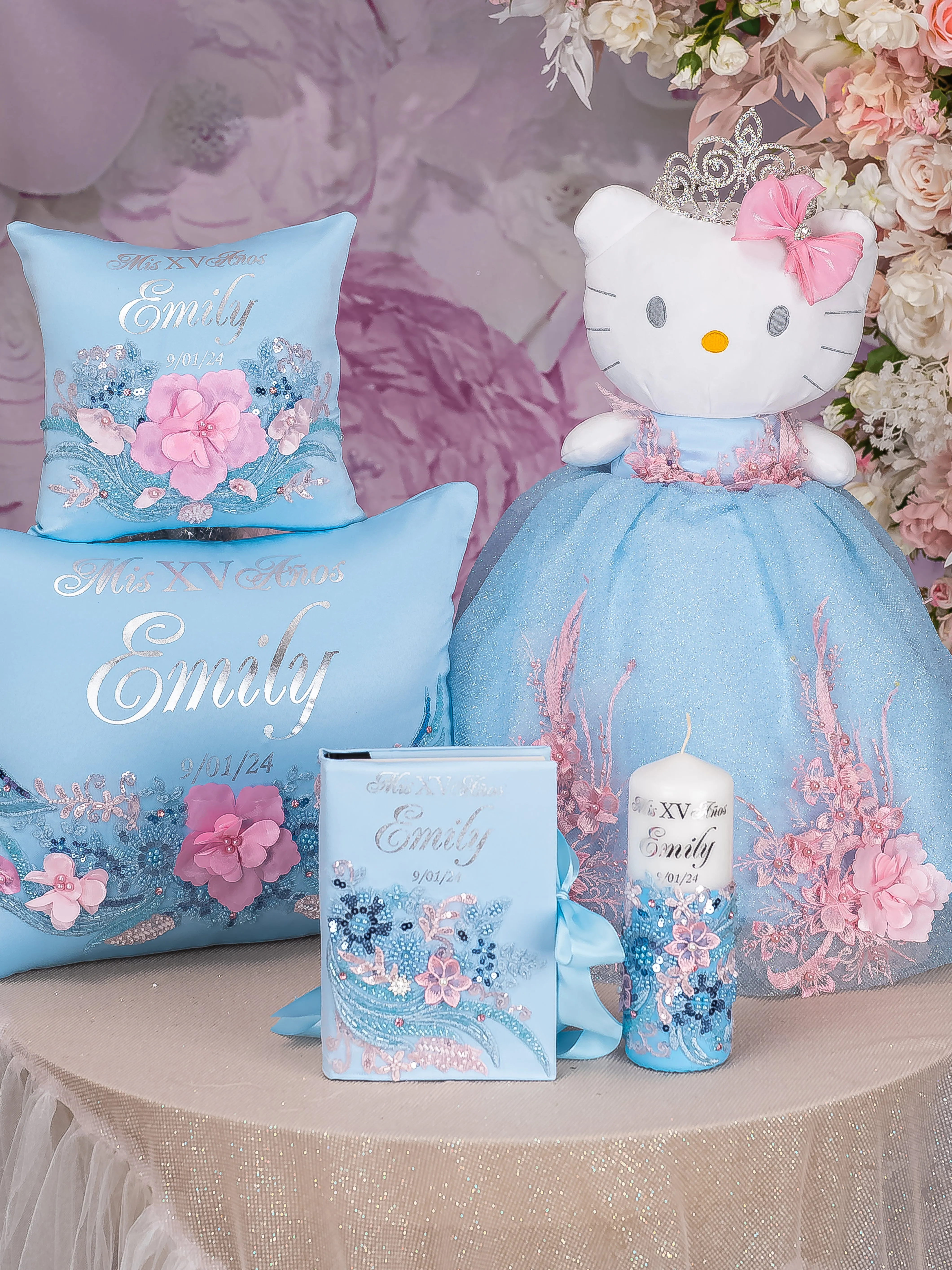 Light Blue with Pink Quinceanera pillows set, bible, candle and Kitty