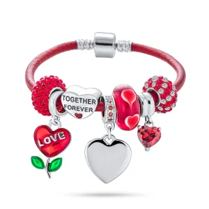 Love Anniversary Heart Bead Charms Bracelet Leather Sterling Silver