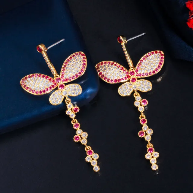 Luxury Micro Pave CZ Long Butterfly Dangle Earrings