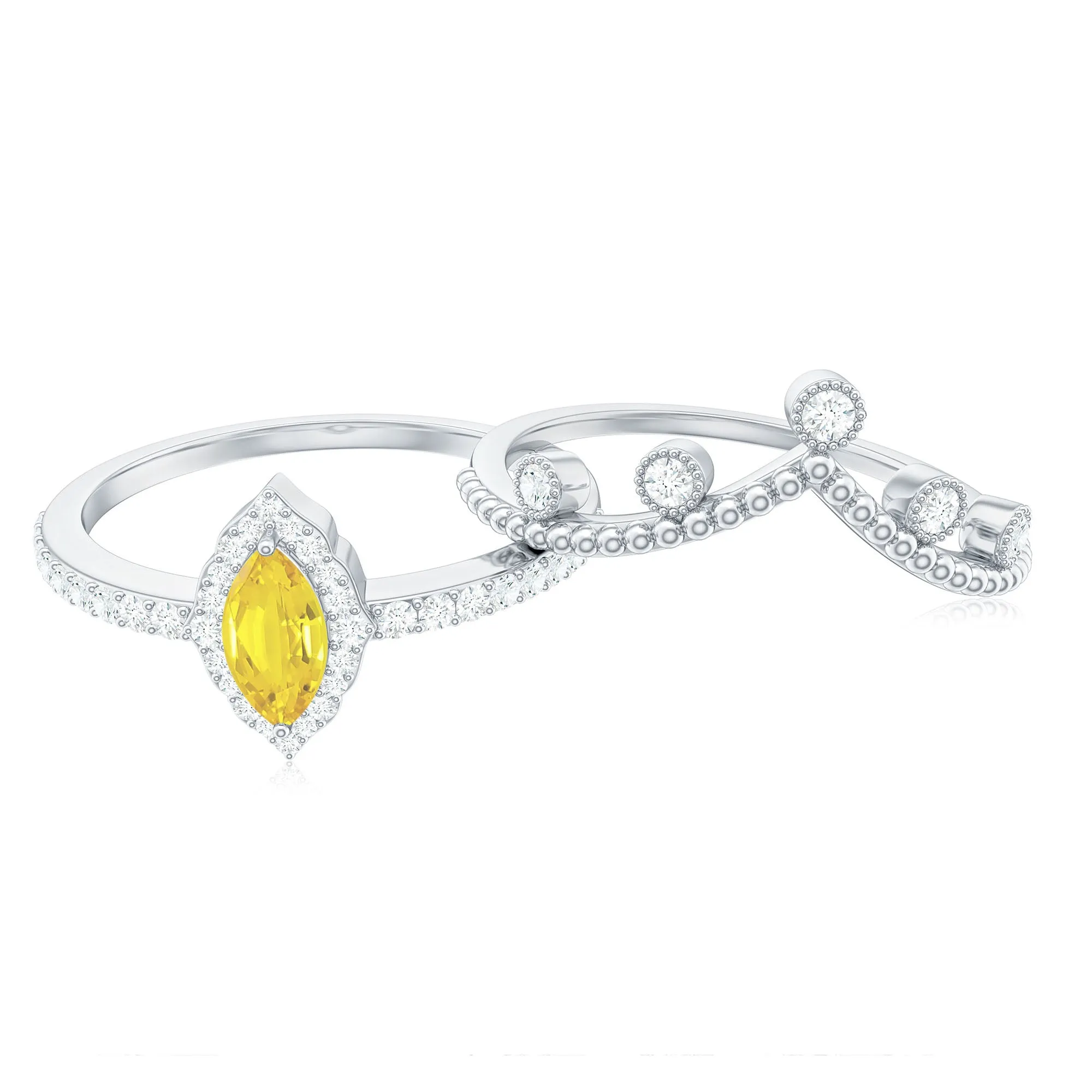 Marquise Cut Created Yellow Sapphire Designer Ring Set with Diamond