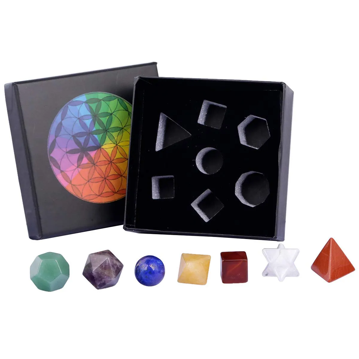 mookaitedecor 7 Chakra Crystal Platonic Solids Sacred Geometry Set, Polished Tumbled Stones with Merkaba Star Kit for Reiki Healing and Meditation