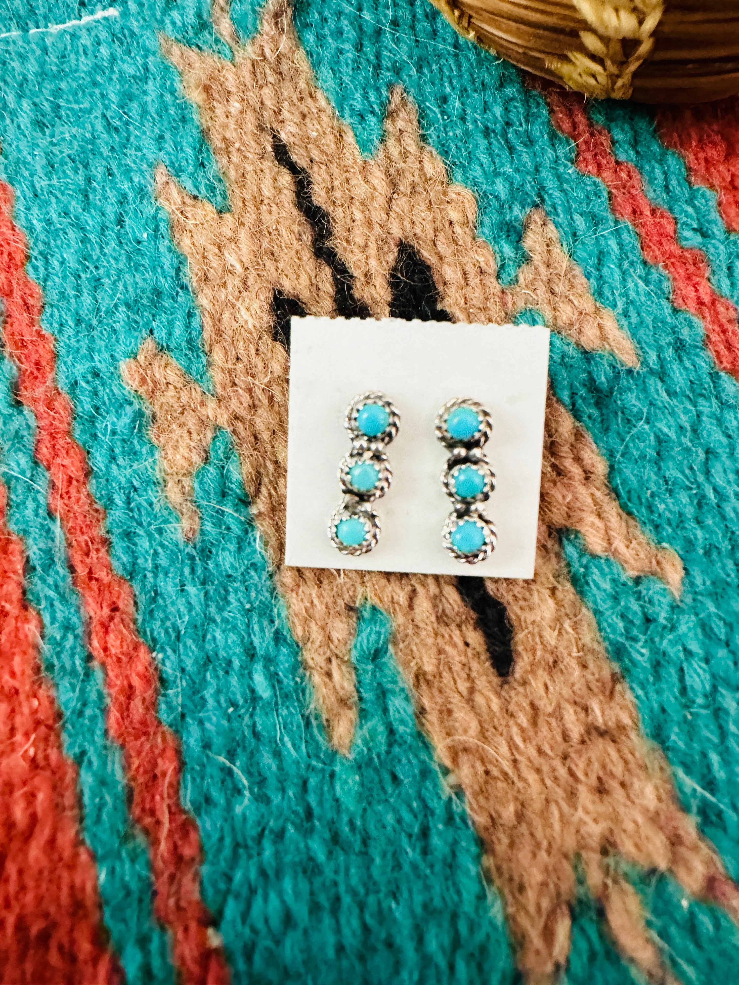 Navajo Sterling Silver & Turquoise 3-Stone Stud Earrings