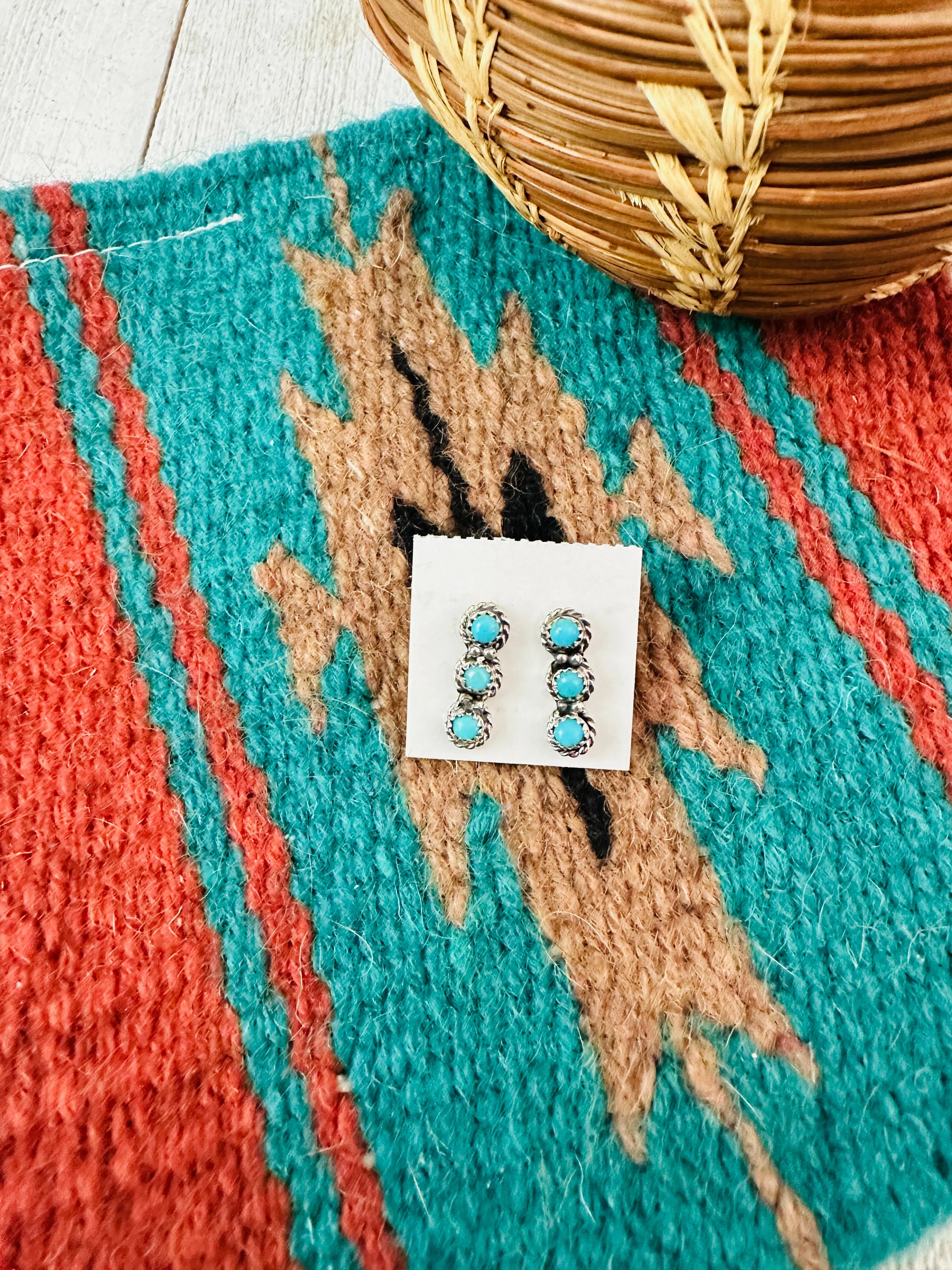 Navajo Sterling Silver & Turquoise 3-Stone Stud Earrings