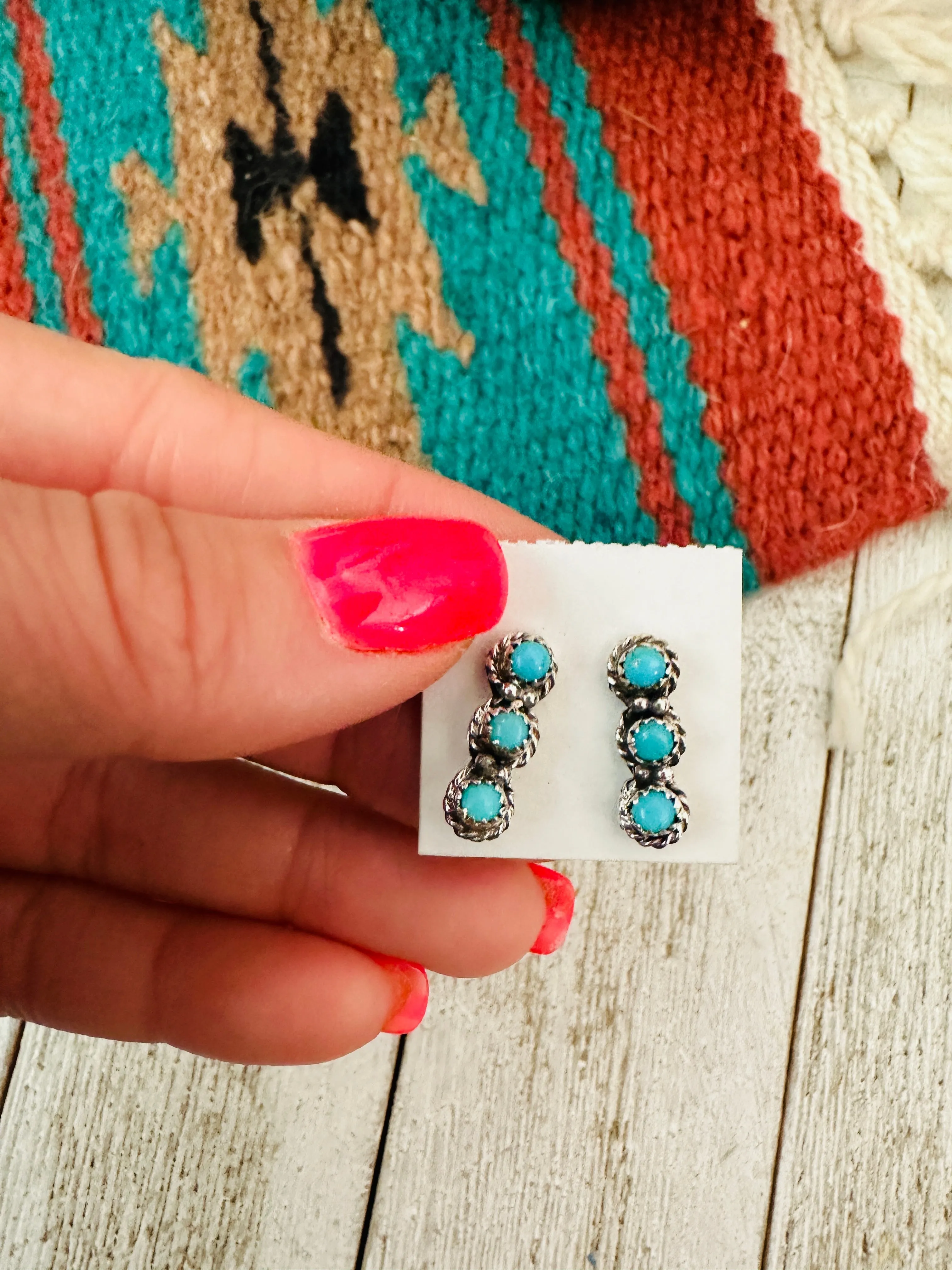 Navajo Sterling Silver & Turquoise 3-Stone Stud Earrings