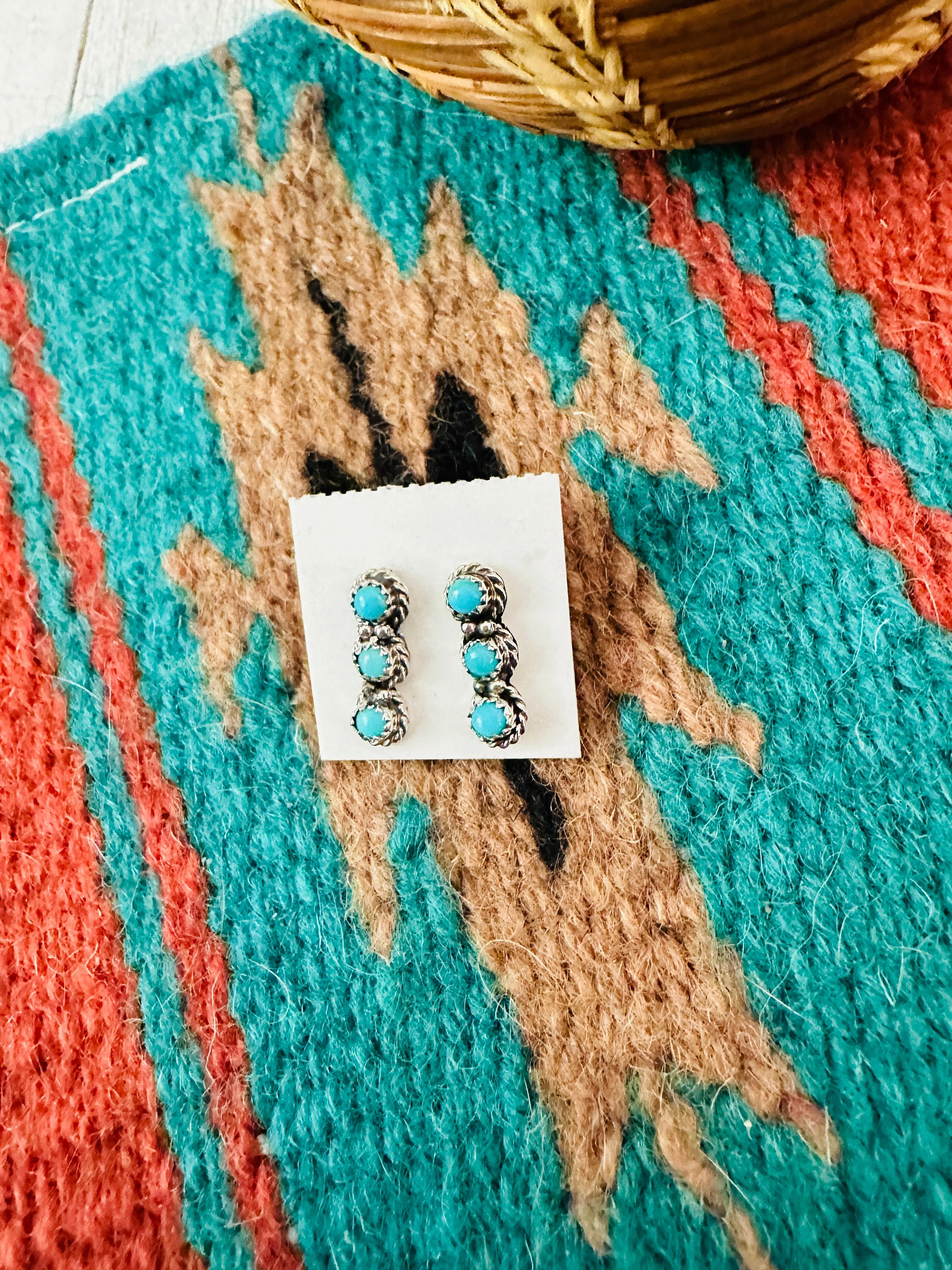 Navajo Sterling Silver & Turquoise 3-Stone Stud Earrings