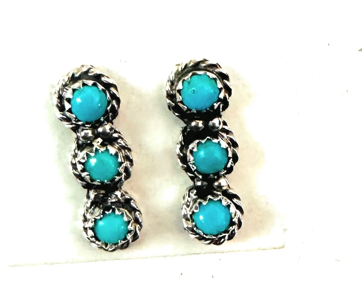 Navajo Sterling Silver & Turquoise 3-Stone Stud Earrings