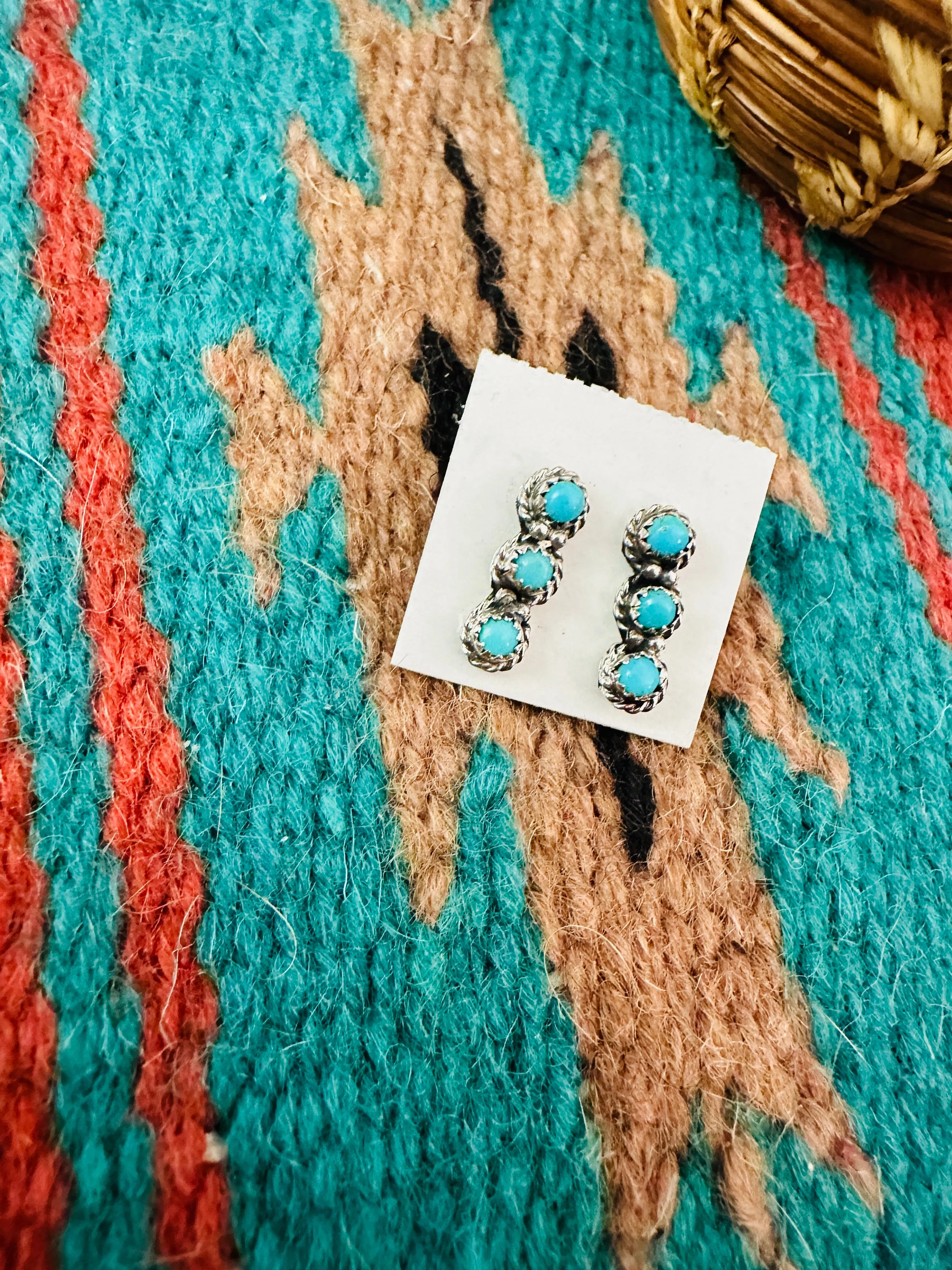 Navajo Sterling Silver & Turquoise 3-Stone Stud Earrings