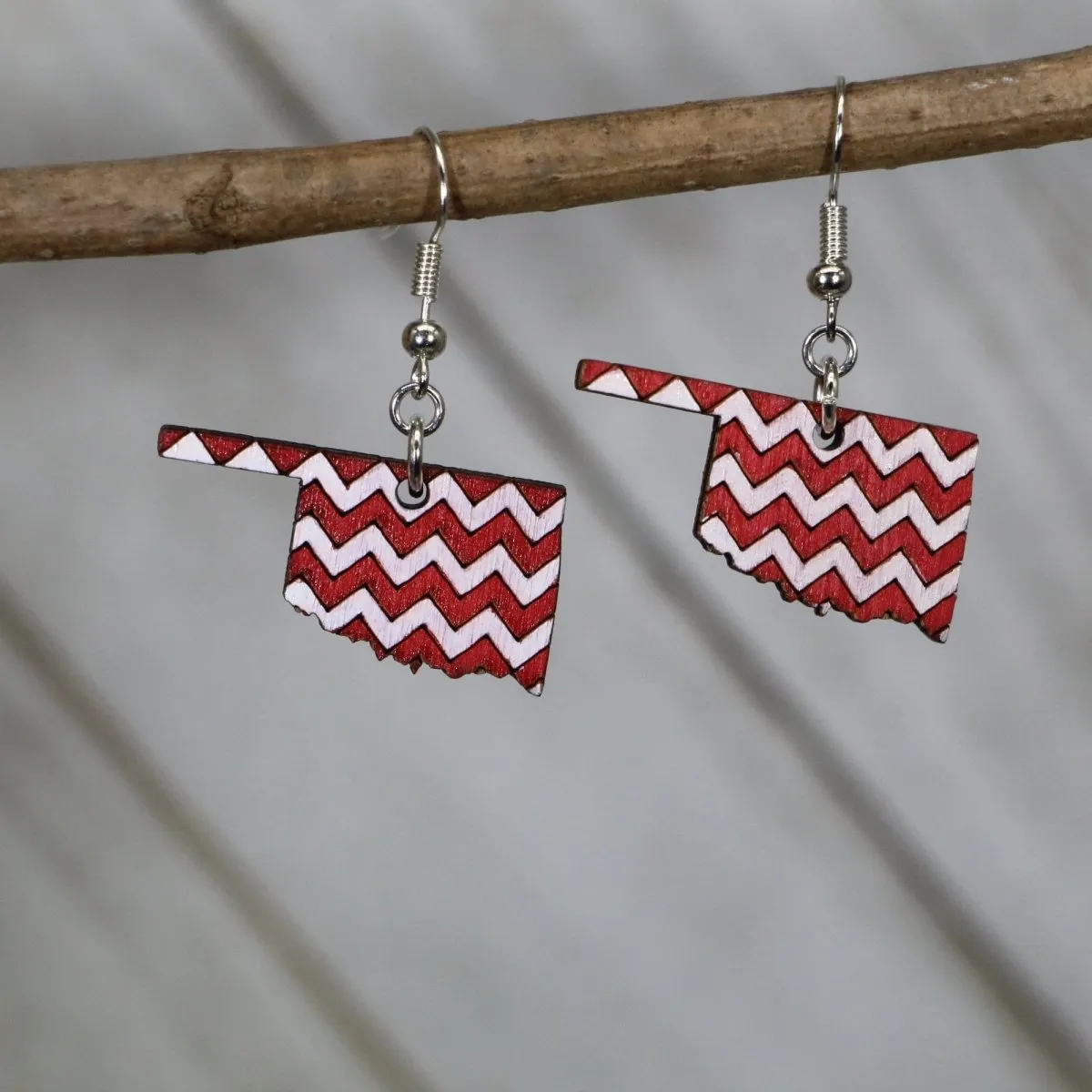 Oklahoma Red and White Chevron Wooden Dangle Earrings by Cate's Concepts, LLC