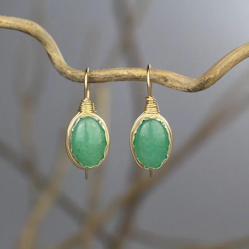 Oval Aventurine Wire Wrapped Earrings