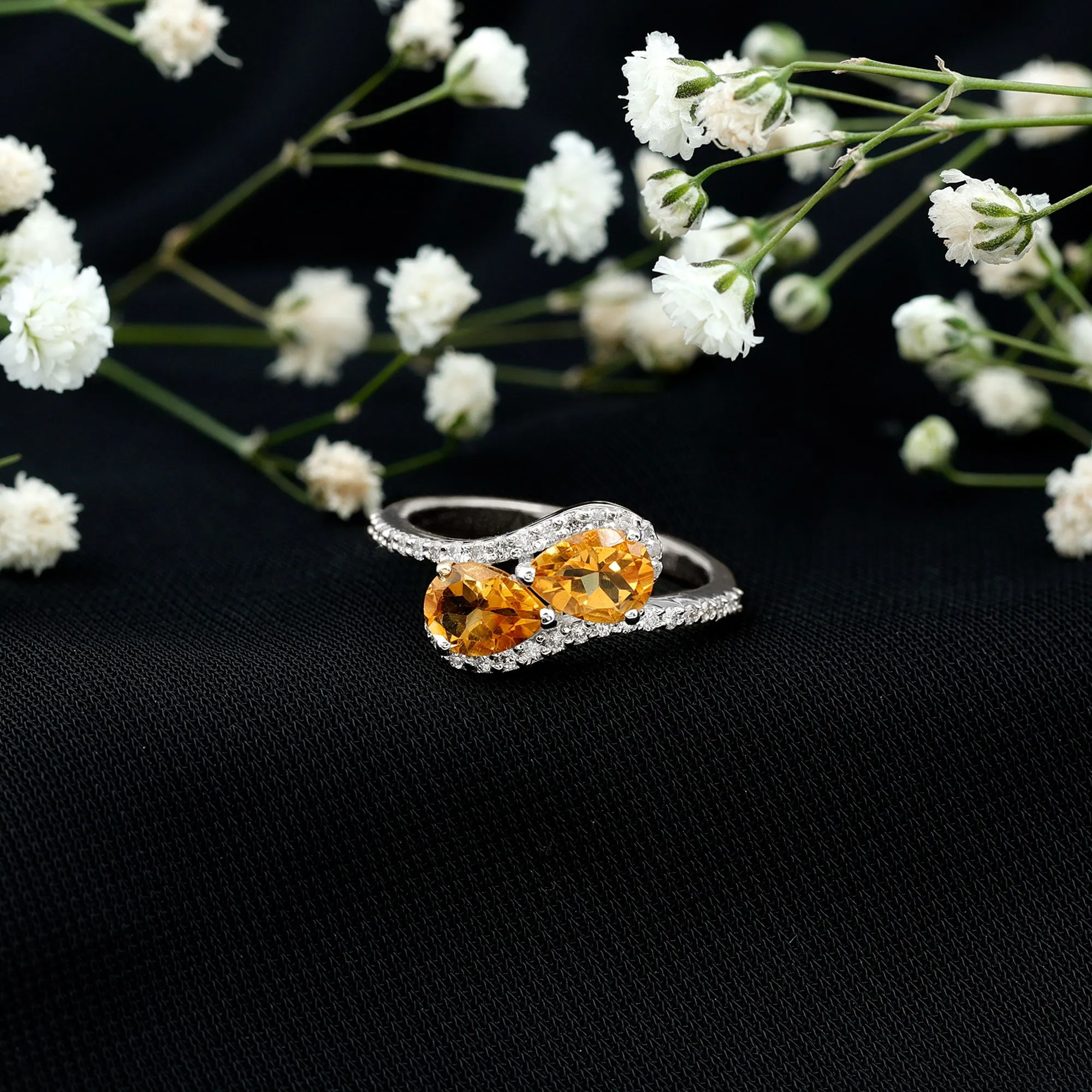 Pear Shape Citrine Two Stone Bypass Ring with Diamond