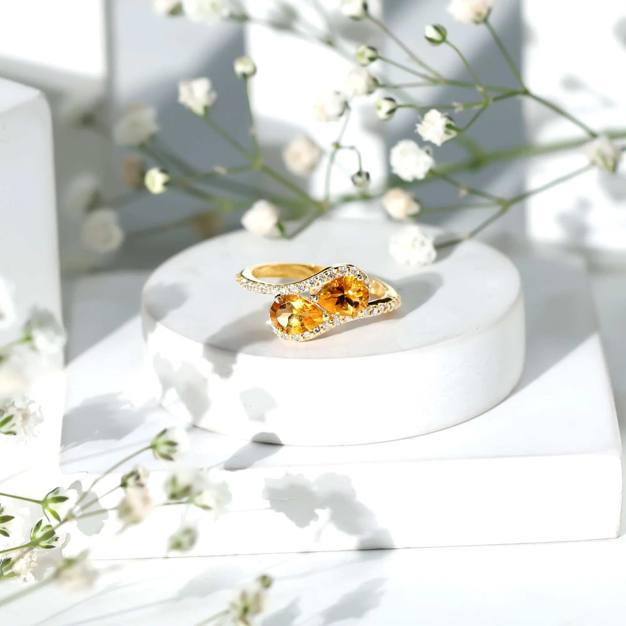 Pear Shape Citrine Two Stone Bypass Ring with Diamond