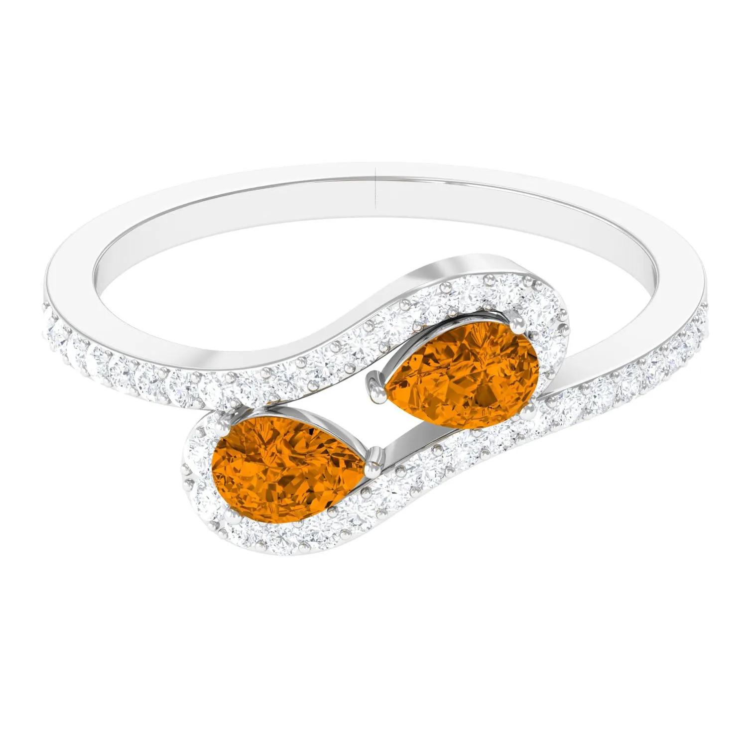 Pear Shape Citrine Two Stone Bypass Ring with Diamond