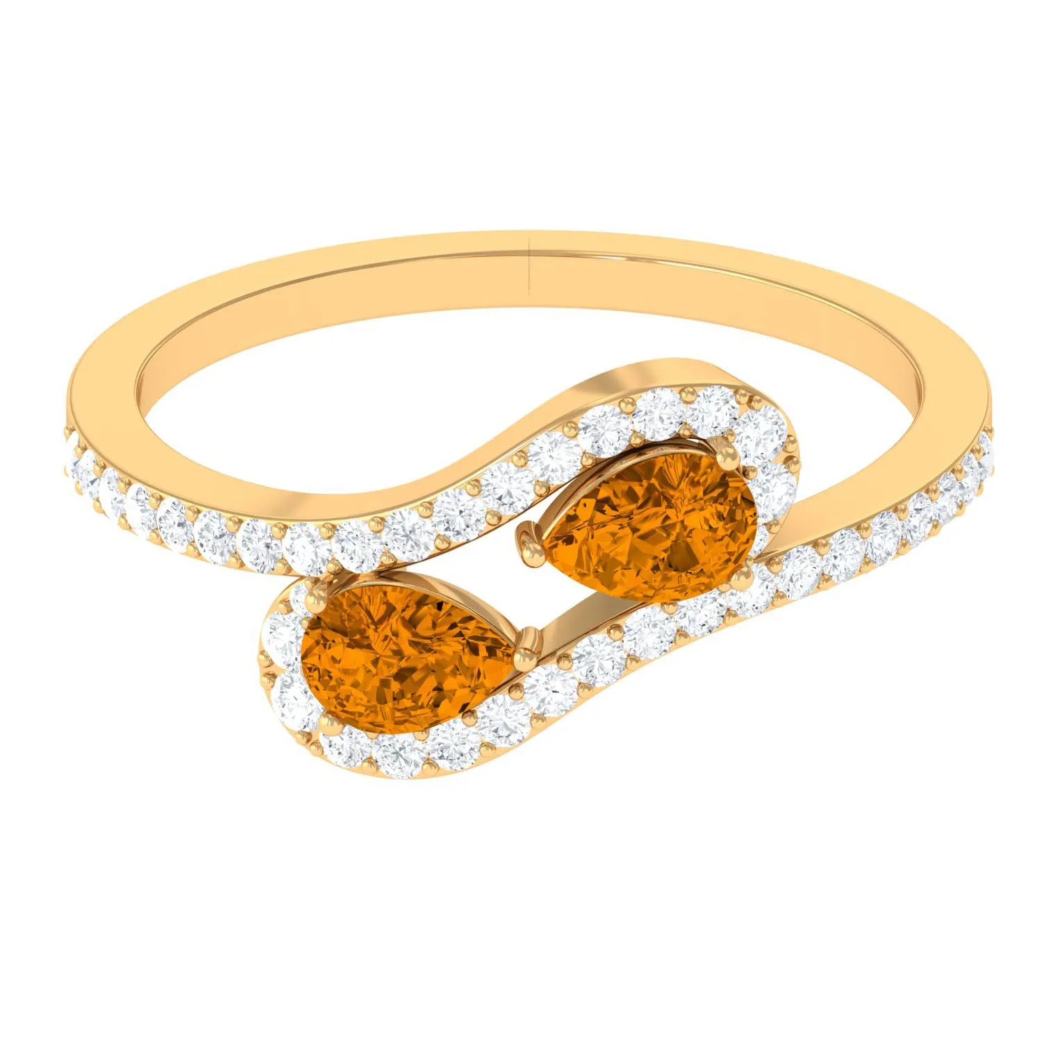 Pear Shape Citrine Two Stone Bypass Ring with Diamond