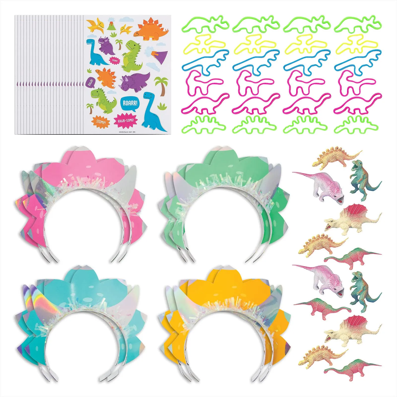 Pink Dinosaur Party Favors - Girl Dino Tiaras, Dinosaur Figures, Bracelets, and Stickers for 8 Guests