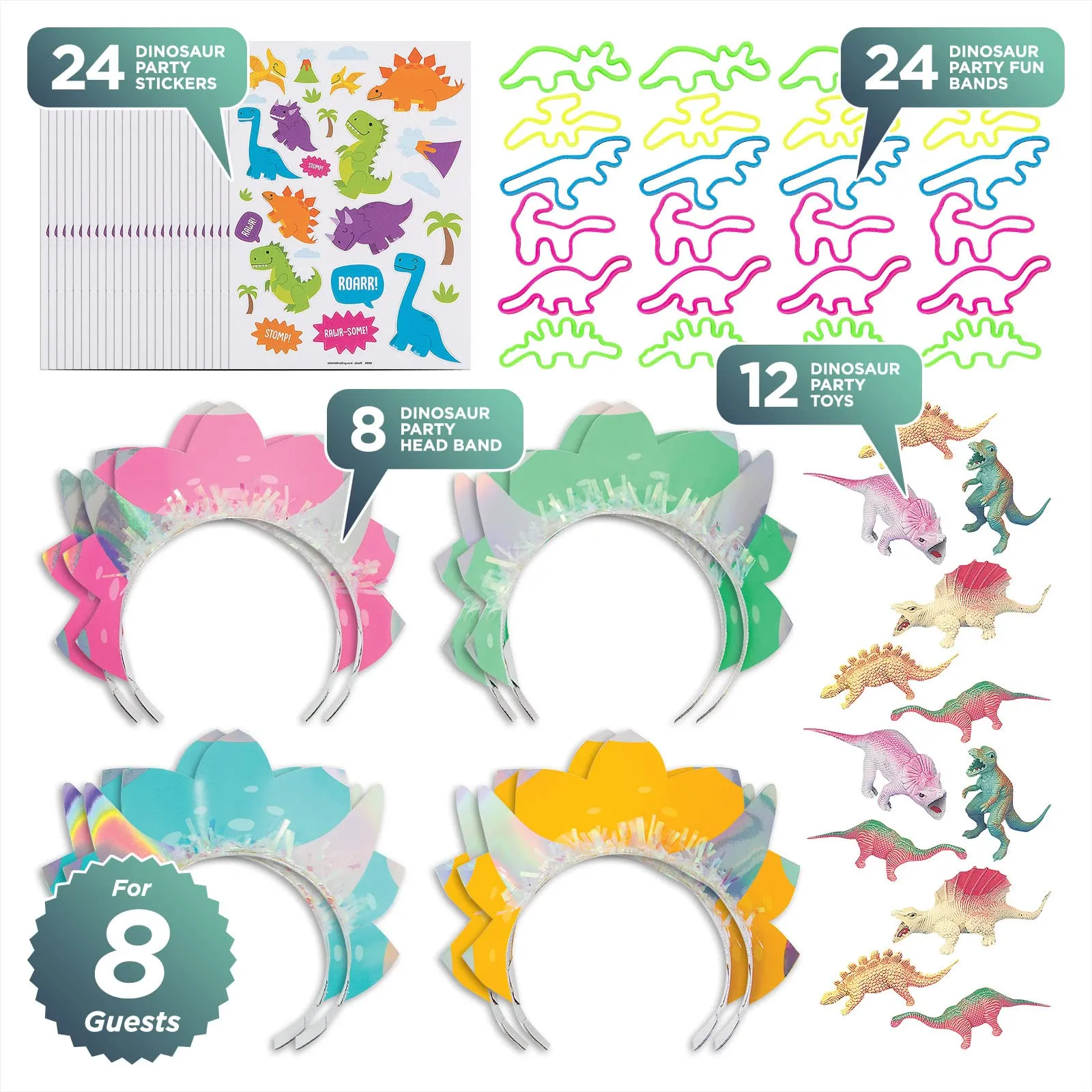 Pink Dinosaur Party Favors - Girl Dino Tiaras, Dinosaur Figures, Bracelets, and Stickers for 8 Guests