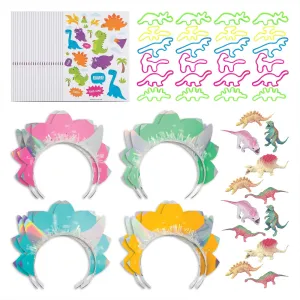 Pink Dinosaur Party Favors - Girl Dino Tiaras, Dinosaur Figures, Bracelets, and Stickers for 8 Guests