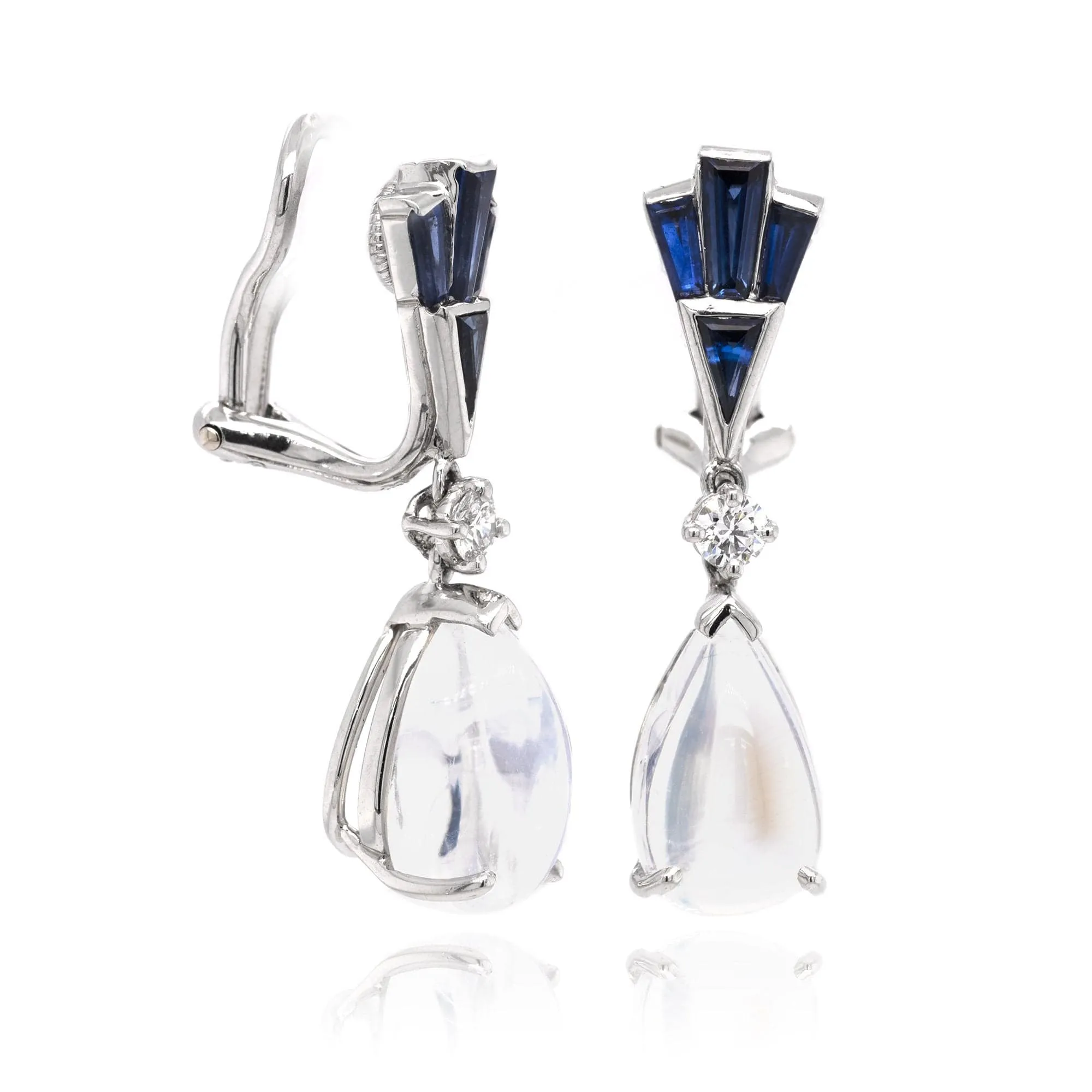 Platinum Moonstone and Sapphire Drop Earrings