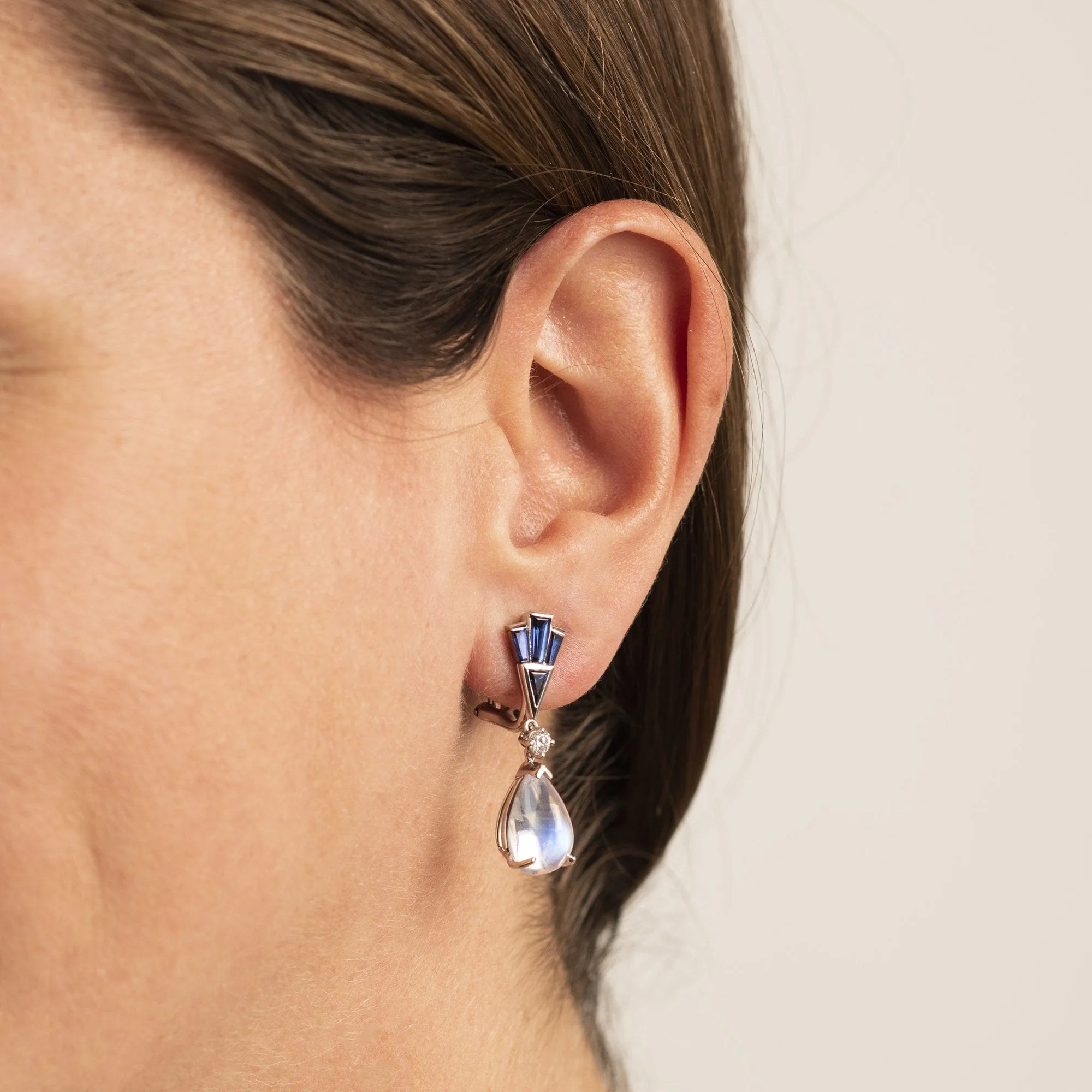 Platinum Moonstone and Sapphire Drop Earrings