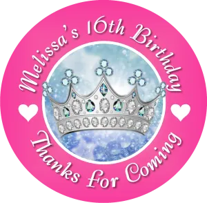 Princess Crown Tiara Pink Blue Silver Birthday Party Favors Personalized Round Stickers Supplies Labels ideas