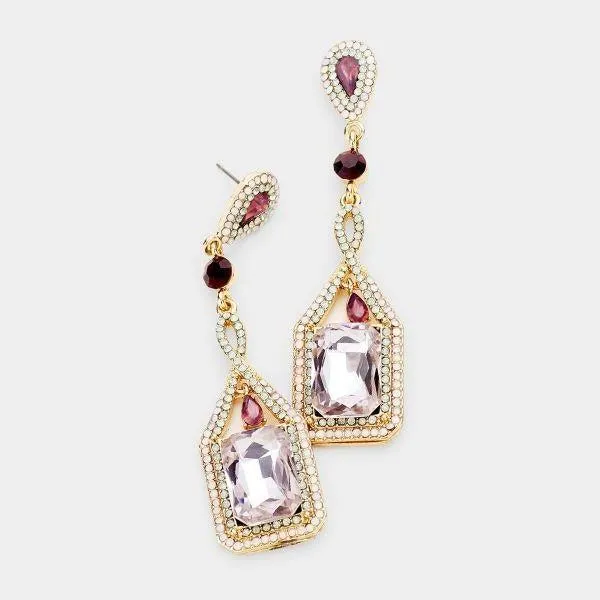 Purple Crystal Rectangle Rhinestone Trim Gold Evening Earrings