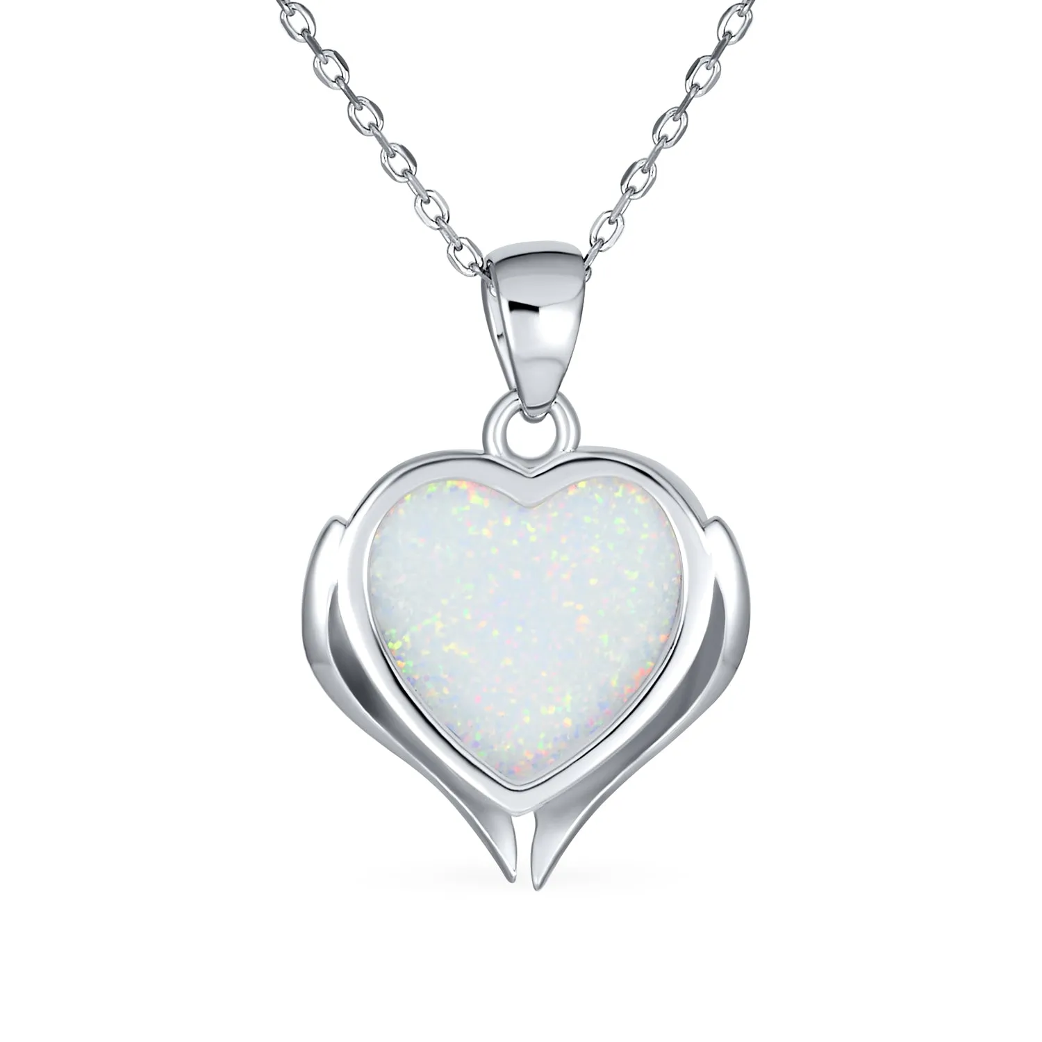 Romantic Love Gemstone White Opal Heart Angel Wing Pendant Necklace Silver