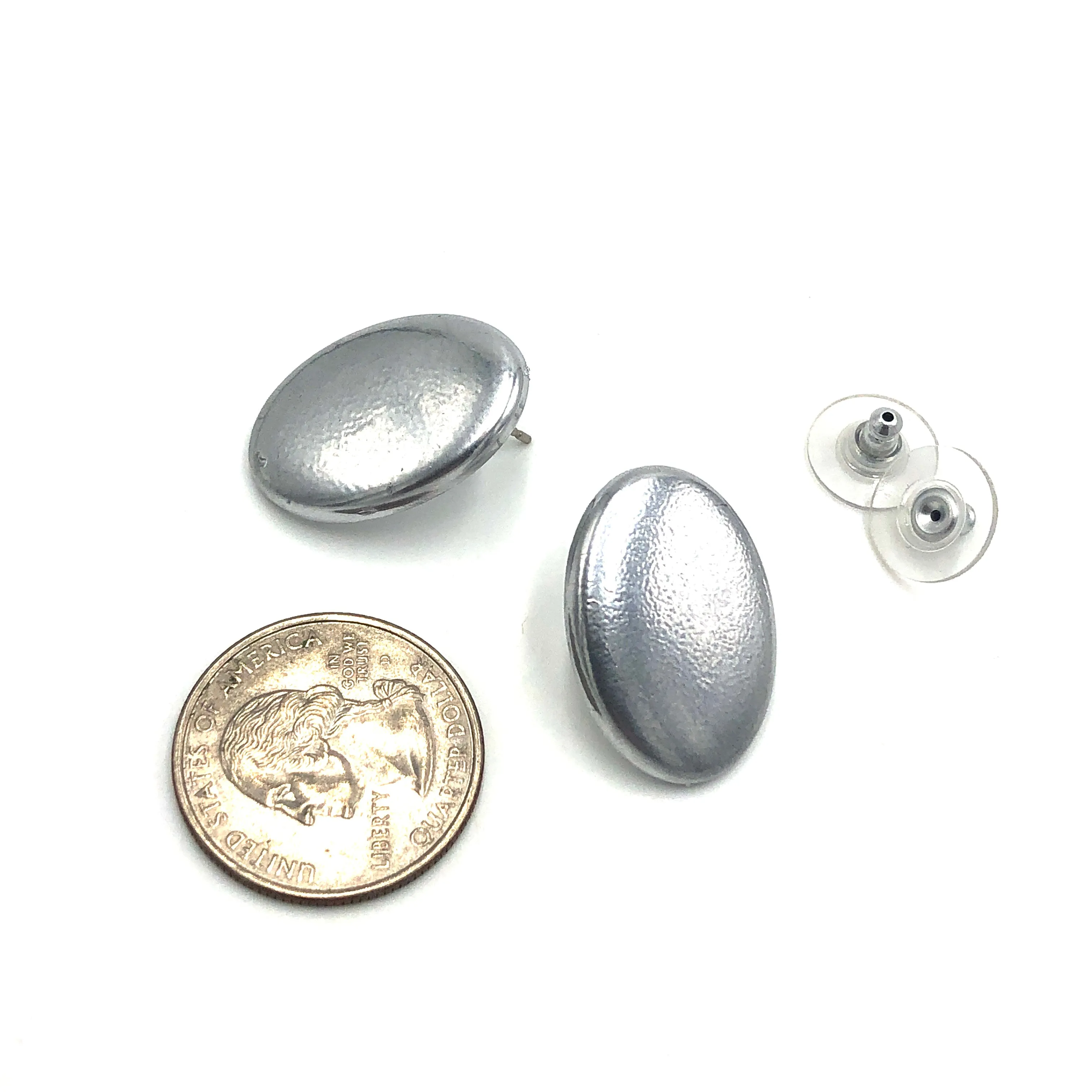 Shabby Metallic Silver Oval Stud Earrings