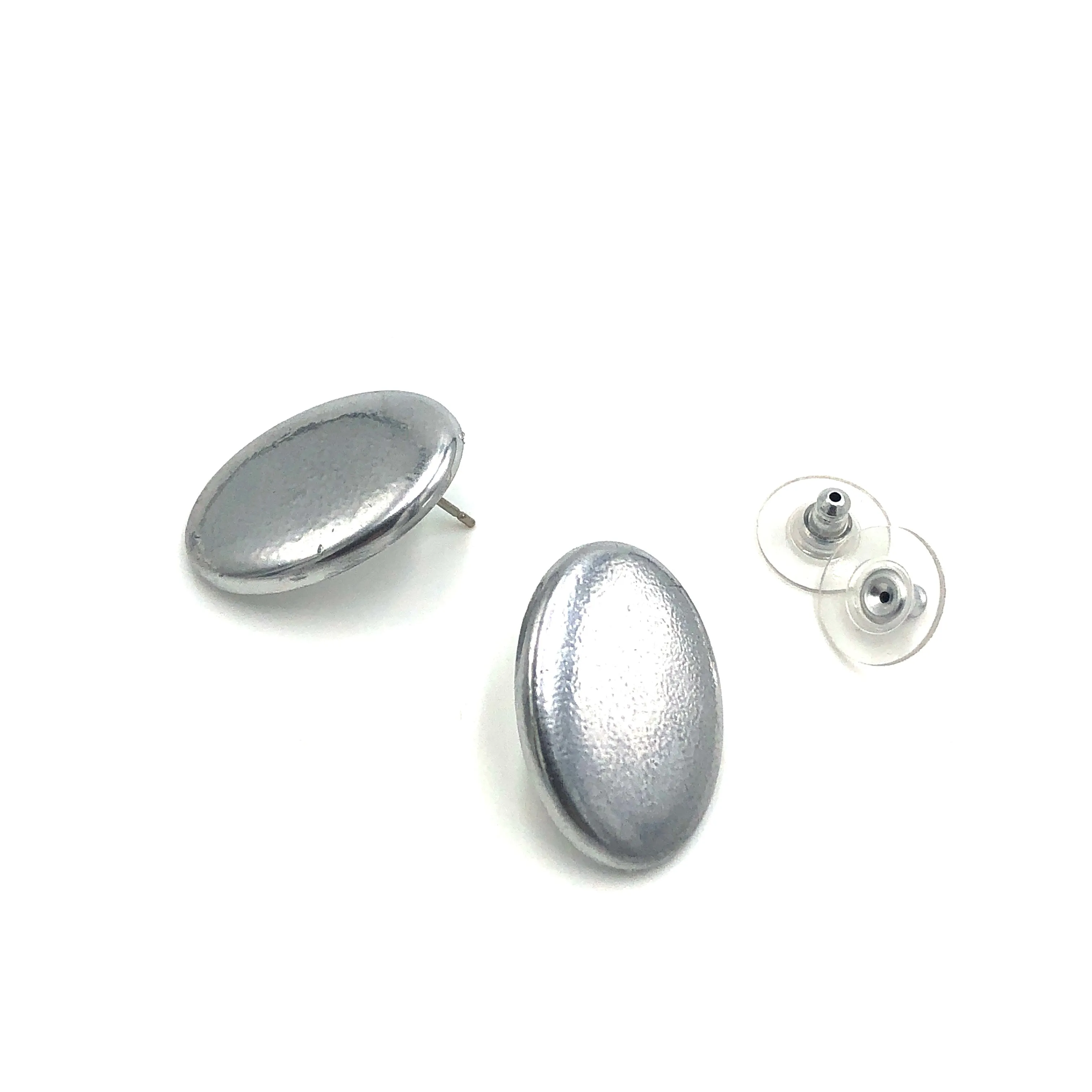 Shabby Metallic Silver Oval Stud Earrings