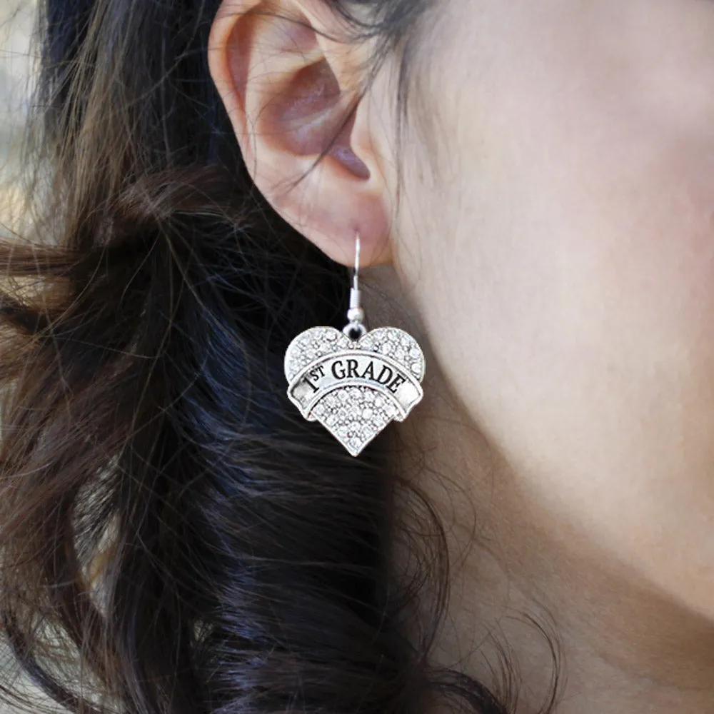 Silver 1st Grade Pave Heart Charm Dangle Earrings