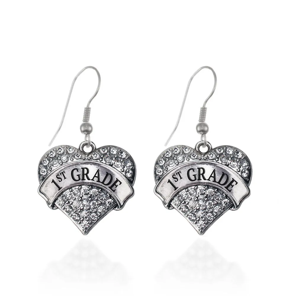 Silver 1st Grade Pave Heart Charm Dangle Earrings