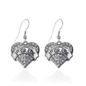 Silver 1st Grade Pave Heart Charm Dangle Earrings