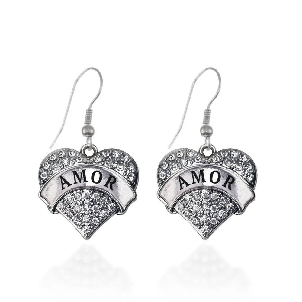 Silver Amor Pave Heart Charm Dangle Earrings